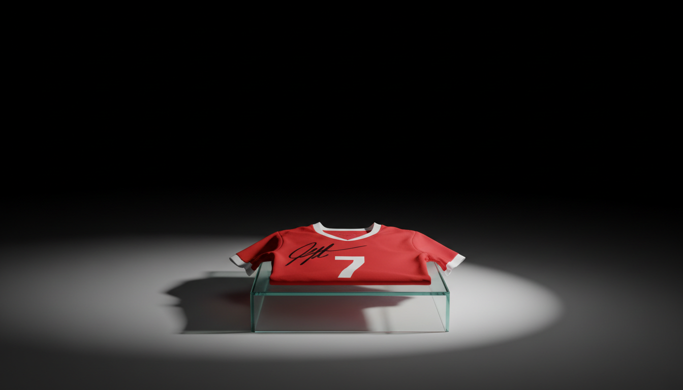 A striking display of a modern, signed fútbol jersey—vivid red with contrasting white numbers and a prominent, dark marker signature across the chest—meticulously folded for presentation, resting on a luminous glass plinth. Situated in front of a seamless, deep black-to-grey gradient background, the setup allows the colors and signature to stand out powerfully. Strong, crisp directional lighting from the side casts a bold, distinct shadow, dramatically emphasizing texture and form. The composition is tight and frontal, using photorealistic detail to lend an air of rarity and prestige, aligning with the store's bold, collector-focused personality.