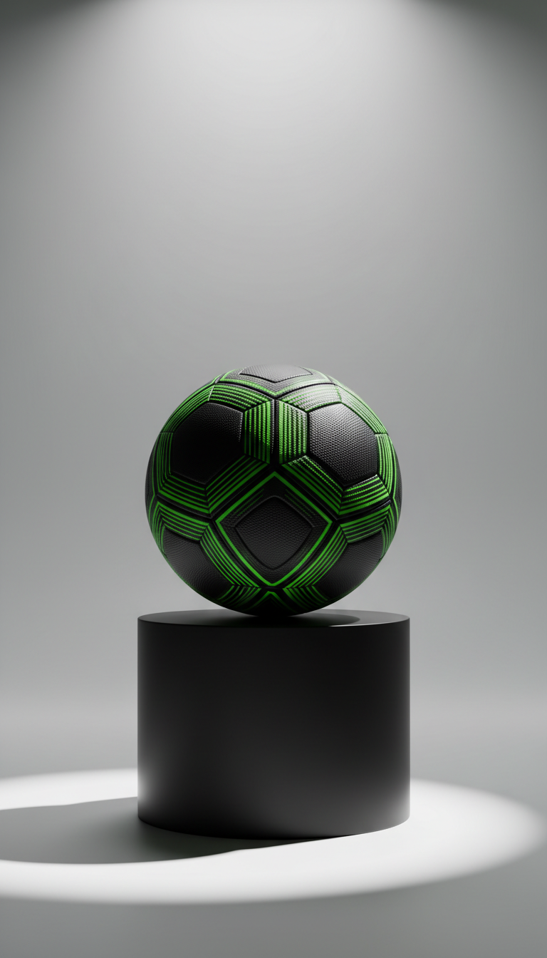 A pristine soccer ball with intricate black-and-neon green patterns and a matte finish, set at the center of a sleek, matte-black pedestal. The pedestal rests on a flawless white surface with a softly gradient minimalist background, maximizing negative space. Dramatic directional lighting from the left casts crisp, angular shadows and sharp highlights, emphasizing the ball's details and texture. The mood is bold and powerful, with a composition shot at eye-level and perfectly centered, using photographic realism and a minimalist aesthetic to evoke the modern, passionate spirit of fútbol and draw attention to the store's exclusive offerings.