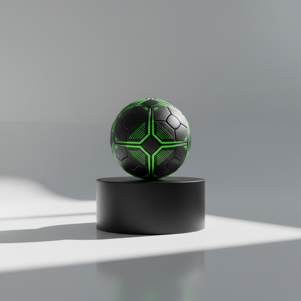 A pristine soccer ball with intricate black-and-neon green patterns and a matte finish, set at the center of a sleek, matte-black pedestal. The pedestal rests on a flawless white surface with a softly gradient minimalist background, maximizing negative space. Dramatic directional lighting from the left casts crisp, angular shadows and sharp highlights, emphasizing the ball's details and texture. The mood is bold and powerful, with a composition shot at eye-level and perfectly centered, using photographic realism and a minimalist aesthetic to evoke the modern, passionate spirit of fútbol and draw attention to the store's exclusive offerings.