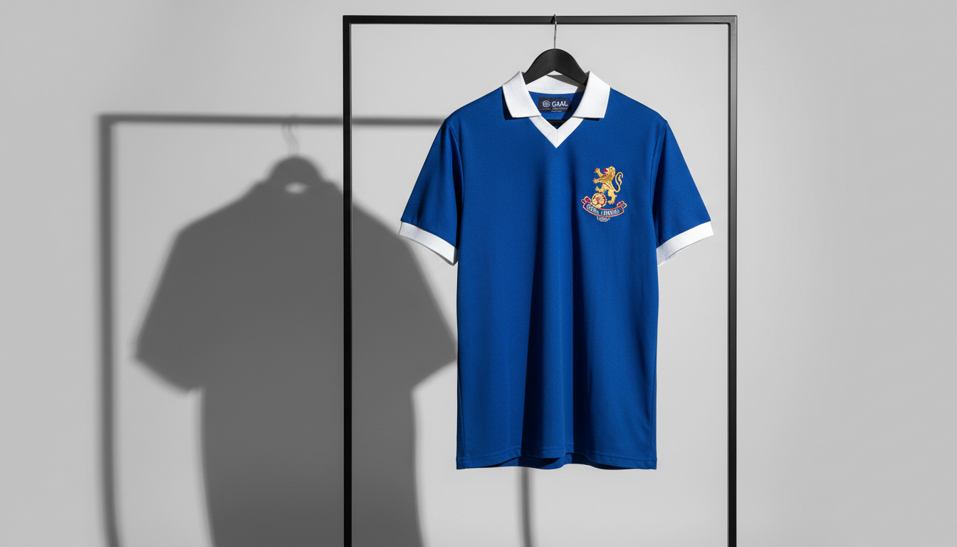 An authentic retro fútbol jersey in deep royal blue with crisp white collar and sleeve trims, featuring detailed embroidered crest and subtle texture on classic cotton fabric. The jersey is hung on a minimalist black steel clothing rack, isolated against a seamless light grey background to keep focus on the garment. Sharp side lighting from the upper right defines the texture and form, casting a crisp elongated shadow to the left. The composition is straightforward and slightly off-center, with a bold, dynamic vibe. Captured in a clean, photographic style, this image conveys exclusivity and nostalgia, perfect for showcasing the heritage selections at Goal Legacy.