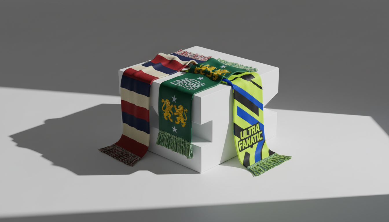 A minimalist arrangement of three distinct fútbol scarves—one classic striped wool, one silky with embroidered crests, and one bold neon synthetic—neatly draped over a clean, matte white geometric block. They are staged against a softly gradient cool grey background with plenty of negative space. Powerful raking light from the side highlights the textures and rich colors of each scarf, casting strong, clear-edged shadows. The composition is asymmetrical yet balanced, with sharp focus on the fabrics, generating a vibrant, energetic mood. The bold, photographic style supports the store’s appeal to passionate fútbol aficionados seeking unique accessories.